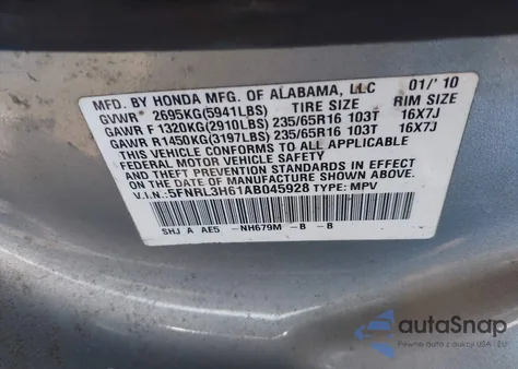 2010 Honda Odyssey Ex-L z USA, uszkodzony, nr VIN 5FNRL3H61AB045928